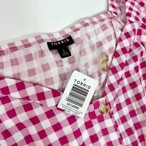 Torrid Blouse Womens 5X Gingham Button Up Long Sleeve Sweetheart Neck Top New - Picture 2 of 10